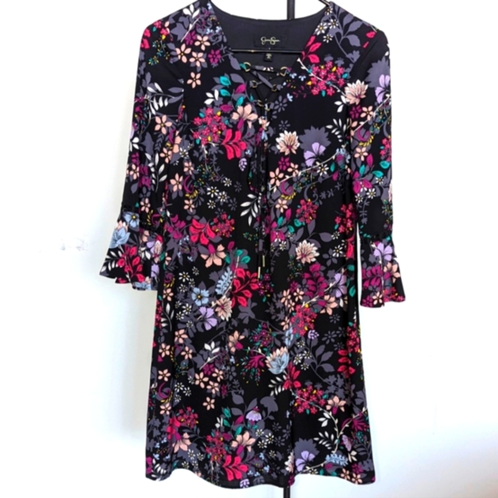 Jessica Simpson Black Flower Pattern Mini Dress - Picture 1 of 6